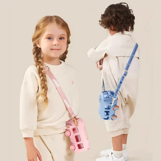 School Bus Design Kids Water Bottle with Strap – 600ml for School & Travel